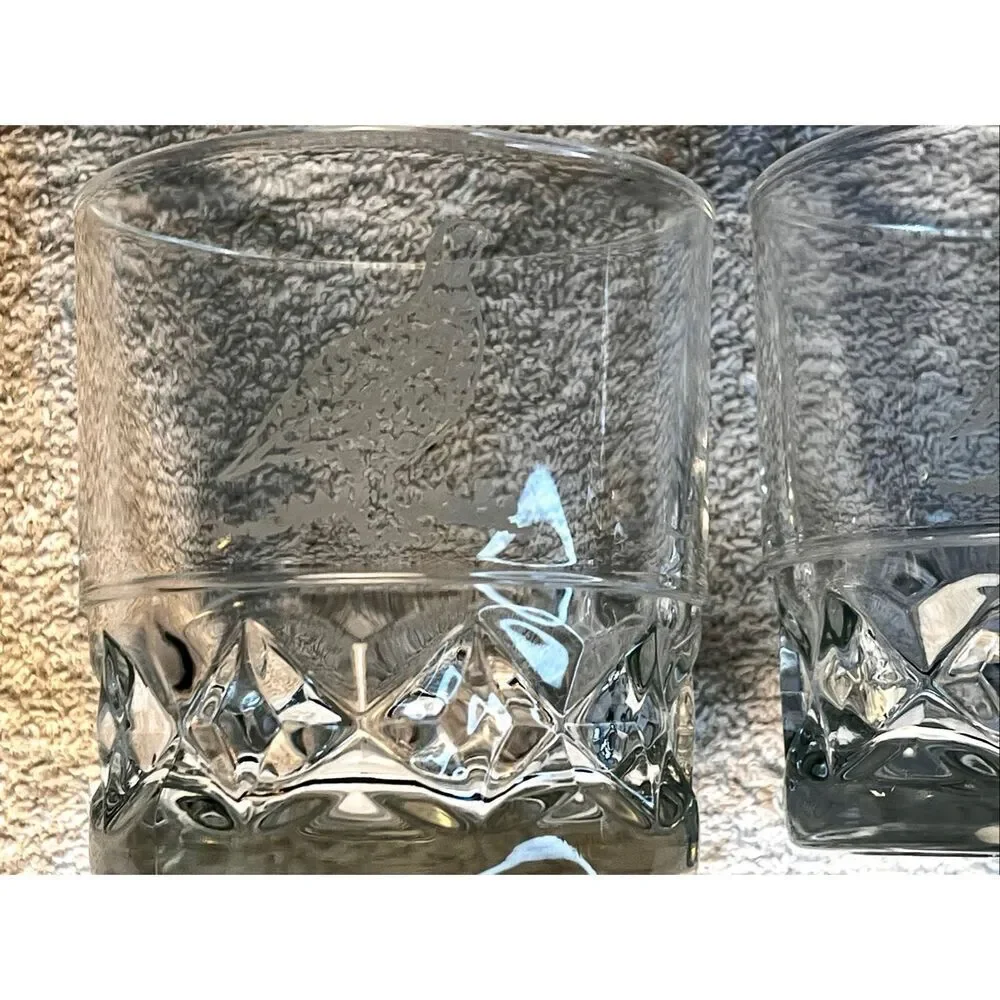 Set of 2 Vintage The Famous Grouse Scotch Whisky Low Ball Glasses Etched France